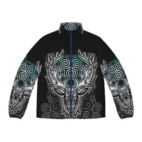 Puffer jacket with white stag design, inspired by Celtic mythology