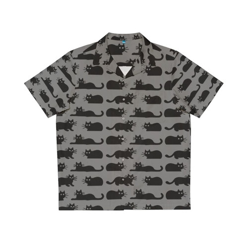 Black cat wearing a Hawaiian-style shirt