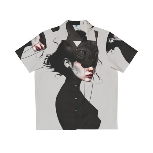 Realistic black and white photograph of a cat wearing a Hawaiian shirt