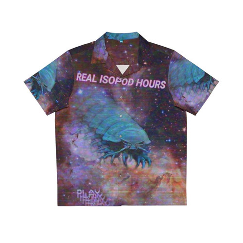 Man wearing a Hawaiian shirt with a print of an isopod, a crustacean from the ocean