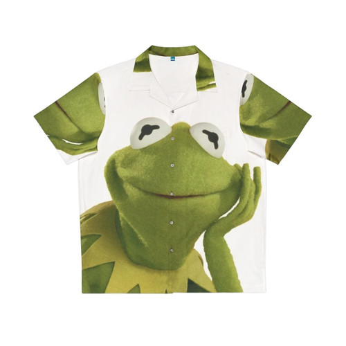 Kermit the Frog wearing a vibrant Hawaiian shirt with a tropical pattern