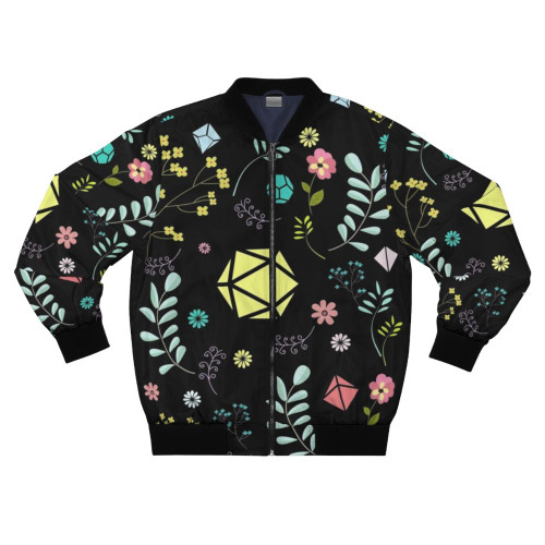 Bomber jacket featuring a colorful design of polyhedral dice, flowers, plants, and succulents for Dungeons & Dragons fans.