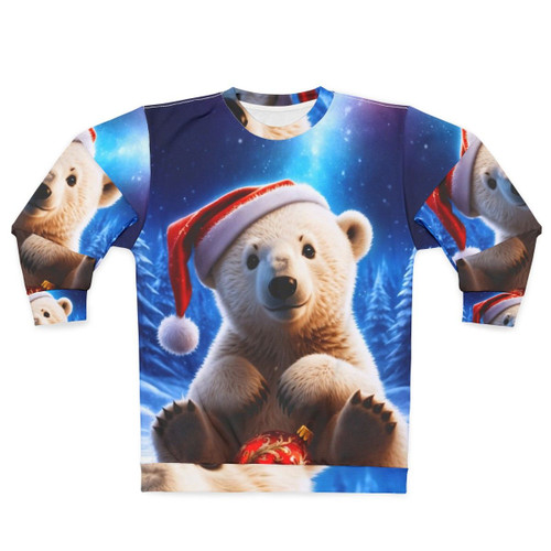 Polar bear cub in a winter wonderland wearing a cozy Christmas sweatshirt