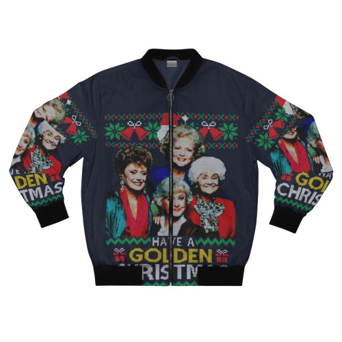 Golden Christmas bomber jacket with classic retro and ugly sweater design