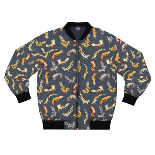 Gray bomber jacket with cute leopard gecko pattern