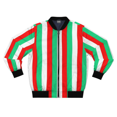 Bold red, green and white striped bomber jacket