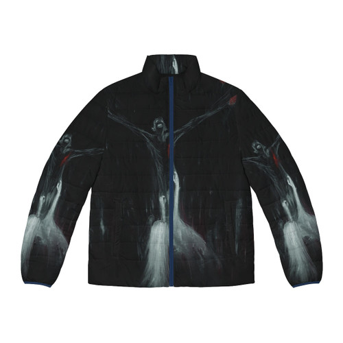 A sleek and stylish neon puffer jacket with a blackstetics aesthetic, perfect for the post-black metal fan.