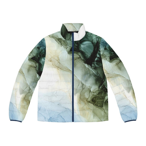 Abstract landscape painting puffer jacket in vibrant colors