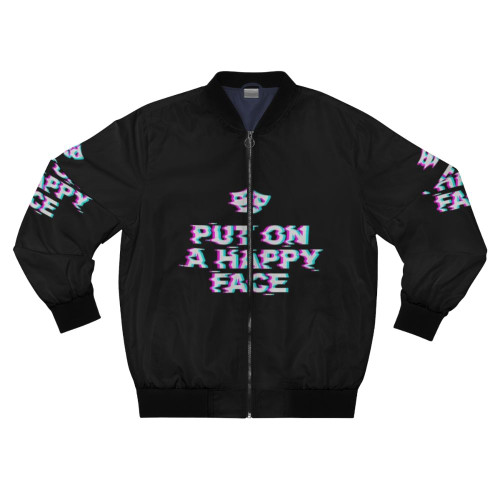 Happy and sad face graphic design on a bomber jacket, featuring pop culture references and vintage typography
