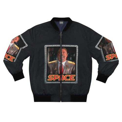 A space-themed bomber jacket with a humorous Tim Curry meme design