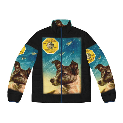 Laika the space dog on a Sputnik 2 puffer jacket