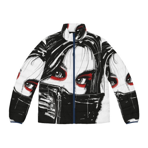 Lady Vengeance Premium Puffer Jacket in noir style, featuring artwork inspired by the cult Korean film