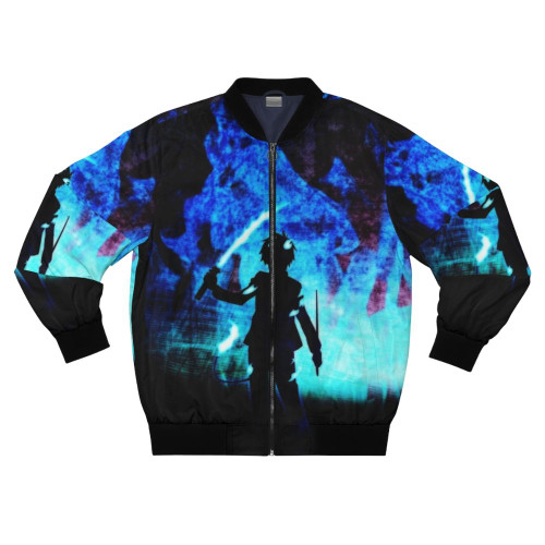 Rin from the anime Blue Exorcist wearing a colorful, patterned bomber jacket with anime-inspired designs.