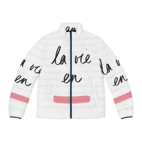 La Vie En Rose Puffer Jacket, a stylish and warm winter outerwear piece featuring a graphic design with quotes and music-inspired elements