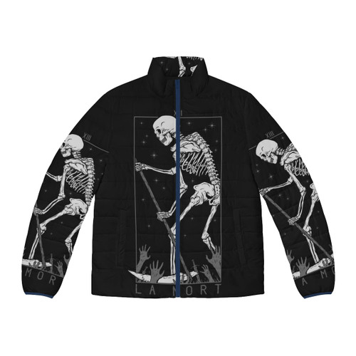Model wearing a black puffer jacket with occult and death-themed design