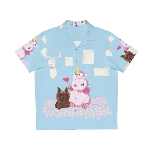 Adorable Hawaiian shirt with family portrait, cute dog, and spiraling horn unicorn