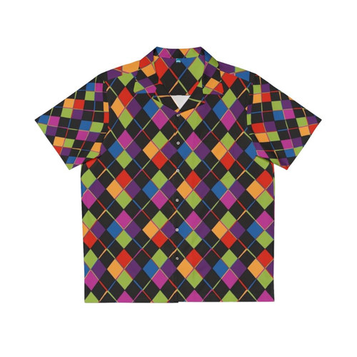 Colorful 80s Hawaiian shirt with a bold rainbow diamond pattern