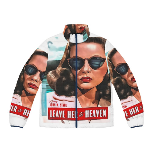 Puffer jacket featuring the iconic "Leave Her to Heaven" movie poster with actress Gene Tierney