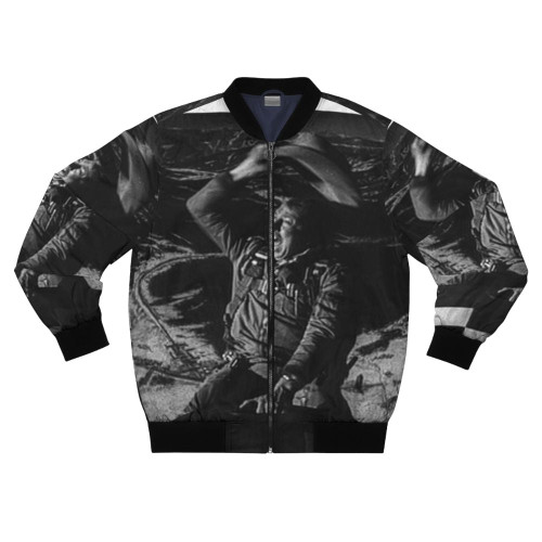 Vintage-inspired bomber jacket with "Bomb Rider" design, reminiscent of the iconic film Dr. Strangelove
