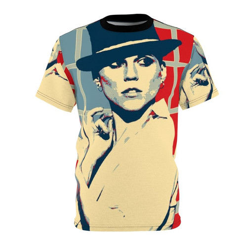 Colorful pop art design featuring a retro musician on a t-shirt