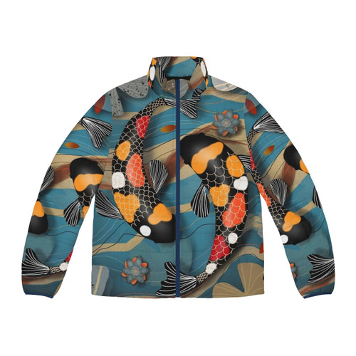 Koi puffer jacket with colorful koi fish design for koi pond enthusiasts