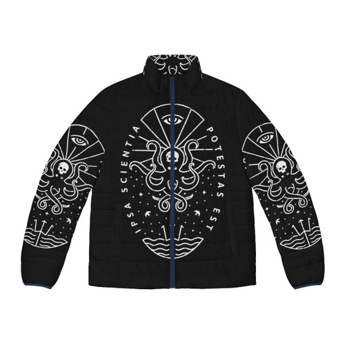 Knowledge White Skull Puffer Jacket with Octopus and Cthulhu Tattoo Design