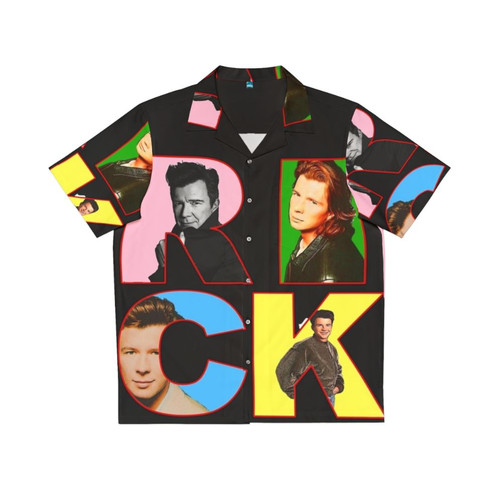 Colorful Hawaiian shirt featuring a pop art image of Rick Astley