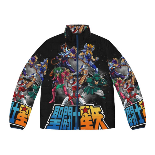 Knights of the Zodiac Puffer Jacket featuring the iconic Pegasus, Dragon, Phoenix, and Andromeda designs from the classic anime series