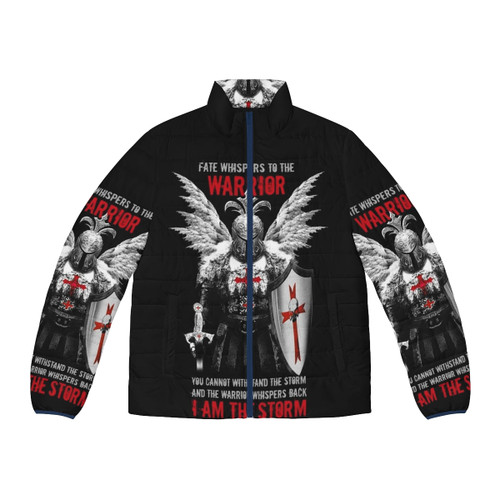 Knights Templar Crusader Tactical Puffer Jacket with storm, hurricane, and battle imagery