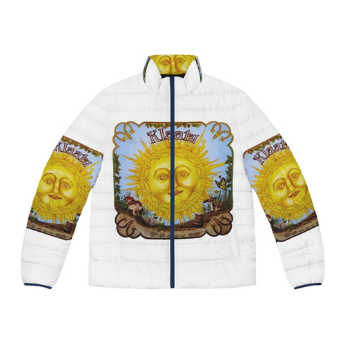 Klaatu puffer jacket in a retro, psychedelic design