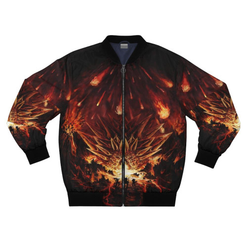 Chrono Trigger inspired bomber jacket with dramatic fire and destruction imagery
