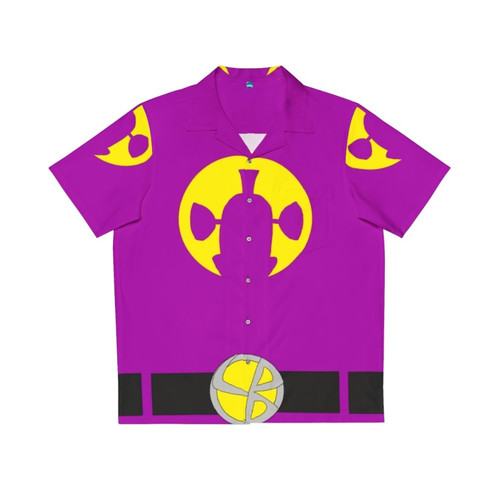 Colorful purple and yellow Hawaiian shirt with Larryboy superhero design