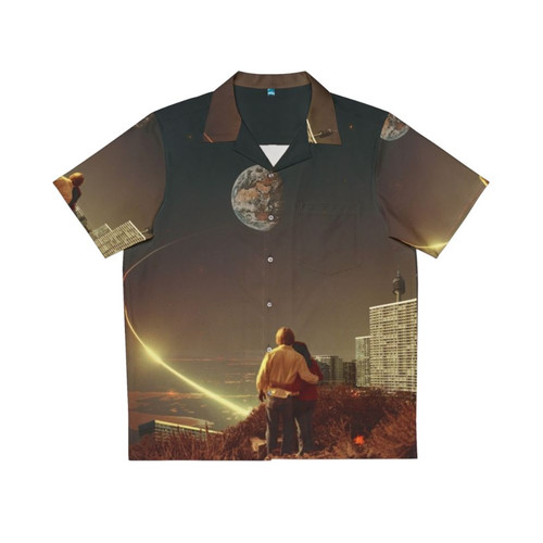 Retro vintage Hawaiian shirt with collage of couple, space and sci-fi elements