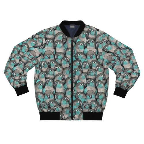 Turquoise bomber jacket with a green-cheeked conure bird pattern