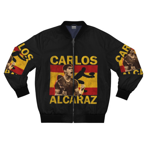 Carlos Alcaraz Holding a Tennis Trophy Wearing a Bomber Jacket
