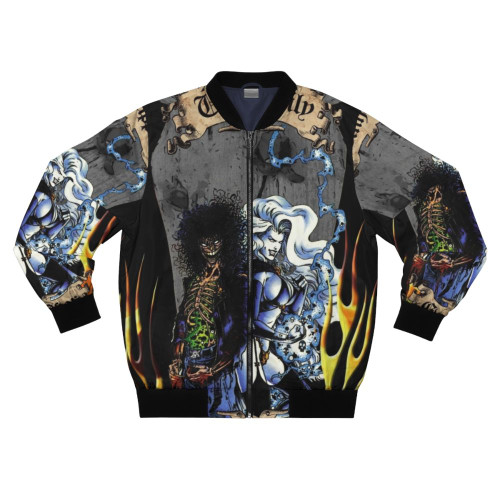 Lady Death and Evil Ernie bomber jacket featuring flames, fire, and chaos