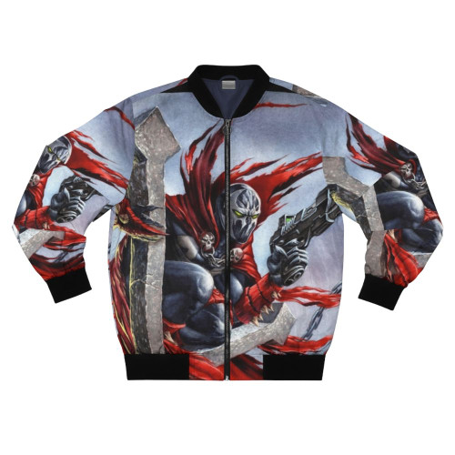 Spawn fanart bomber jacket featuring a watercolor and gouache painting of the Spawn character on a cross