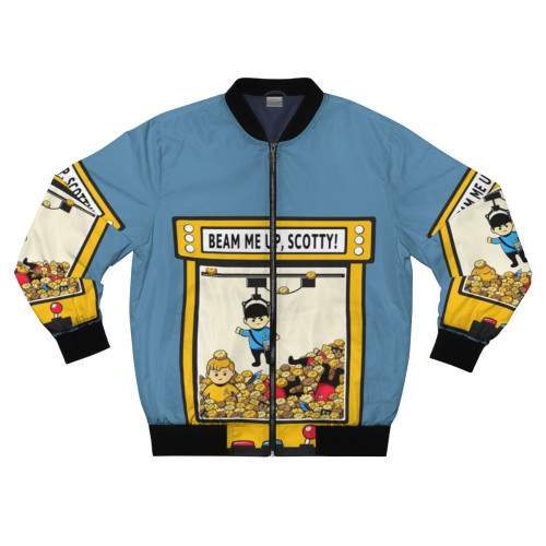 A red bomber jacket with a "Beam Me Up, Scotty" graphic, featuring Star Trek characters and elements.