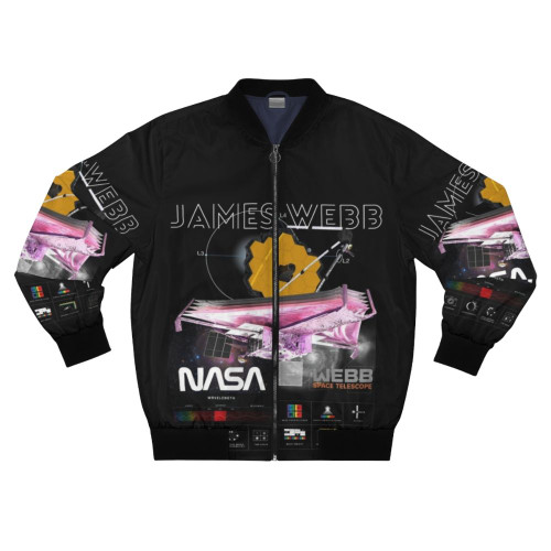 A stylish bomber jacket featuring the James Webb Space Telescope logo and design, perfect for astronomy and space enthusiasts.
