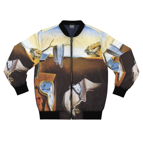Bomber jacket featuring the iconic "The Persistence of Memory" painting by Salvador Dalí, with a focus on the pocket watch motif.