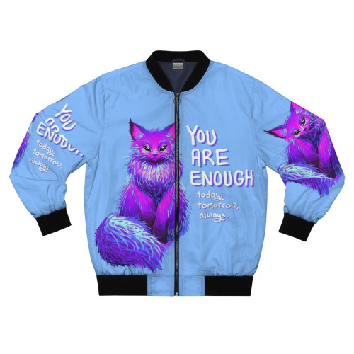 Magical Maine Coon Cat Bomber Jacket with the text "YOU ARE ENOUGH" as a positive affirmation.