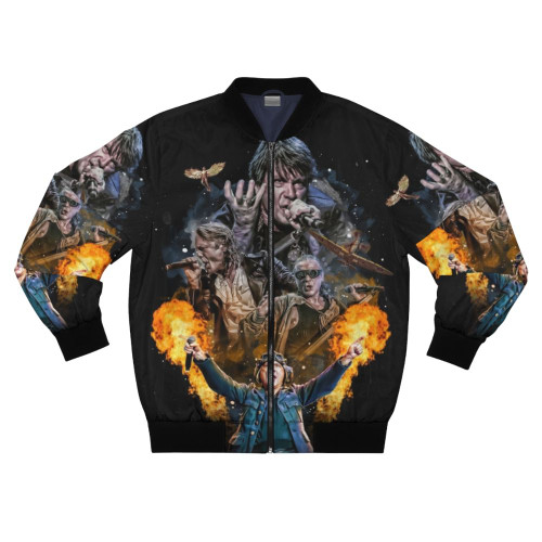 Bruce Dickinson wearing a heavy metal bomber jacket with the Iron Maiden "Up the Irons" logo