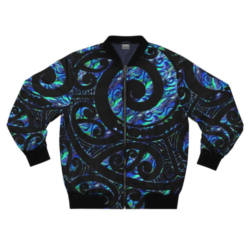 A bomber jacket featuring a Maori-inspired koru tattoo design with paua (abalone) elements, representing the art and culture of New Zealand.
