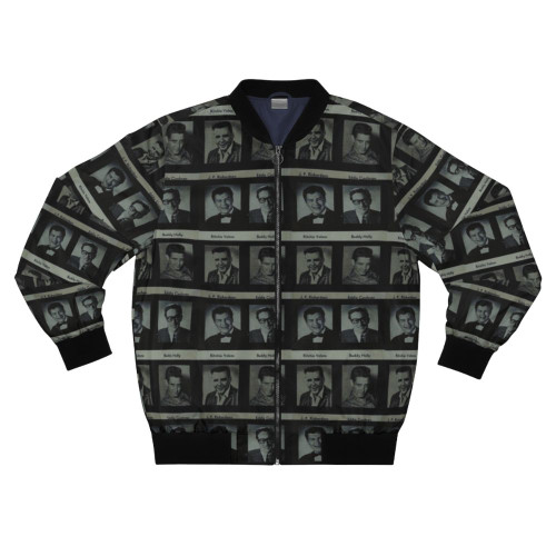 Bomber jacket featuring images of rock and roll icons Buddy Holly, Ritchie Valens, Eddie Cochran, and The Big Bopper.