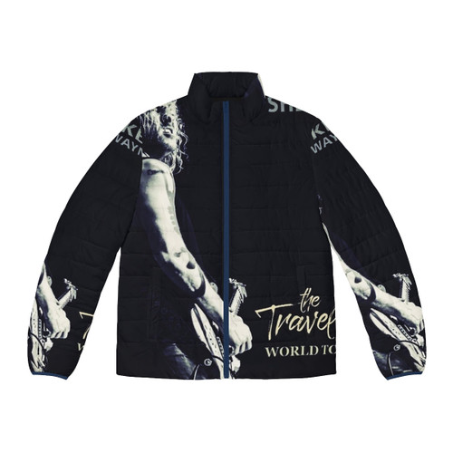 Kenny Wayne Shepherd wearing a blue puffer jacket with his name and logo