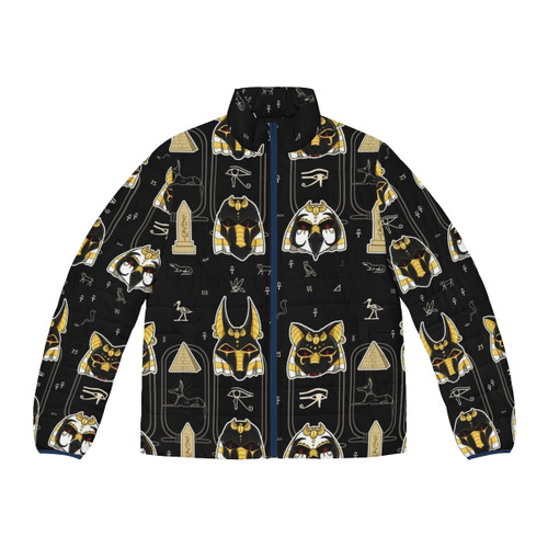 Kemetic puffer jacket featuring Egyptian gods and goddesses