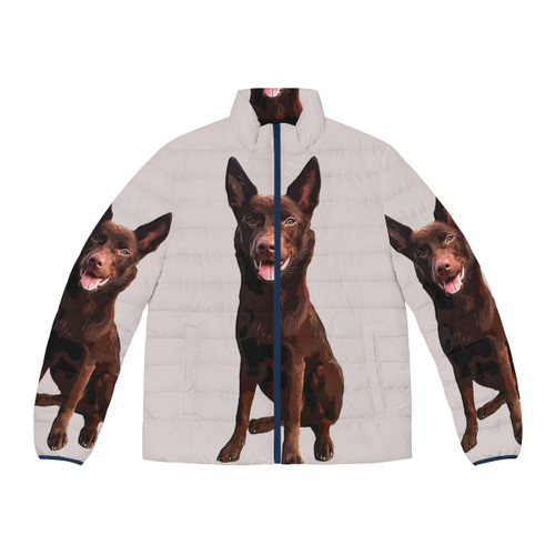 Australian Kelpie dog breed wearing a puffer jacket with a retro design