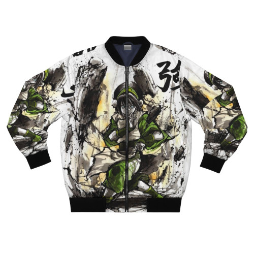 Toph from Avatar wearing a bomber jacket with sumi and watercolor artwork