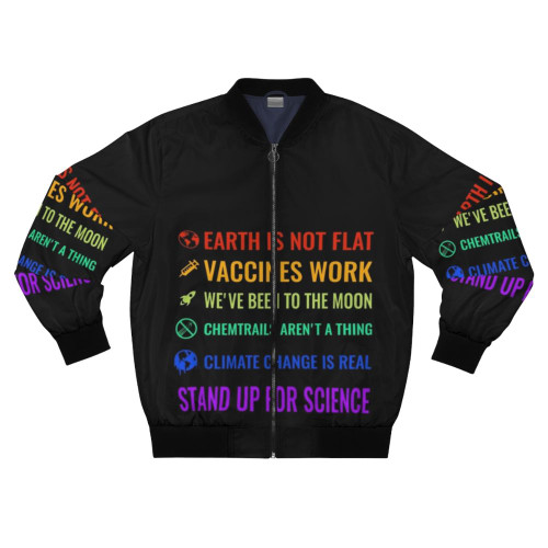 Earth-friendly bomber jacket with science-inspired design, featuring text "Earth is not flat! Vaccines work! We've been to the moon! Chemtrails aren't a thing! Climate change is real!"