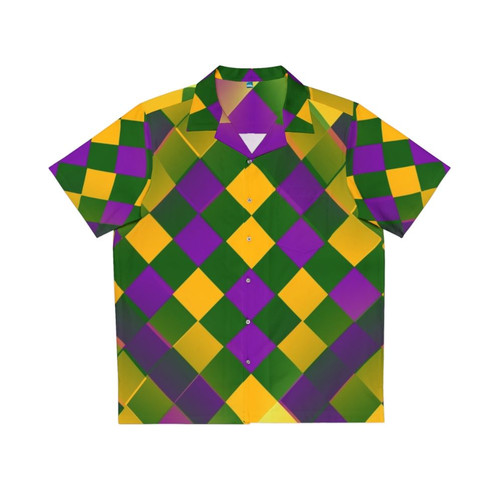 Harlequin Mardi Gras Hawaiian Shirt with Diamond Print and Fleur de Lis Decor